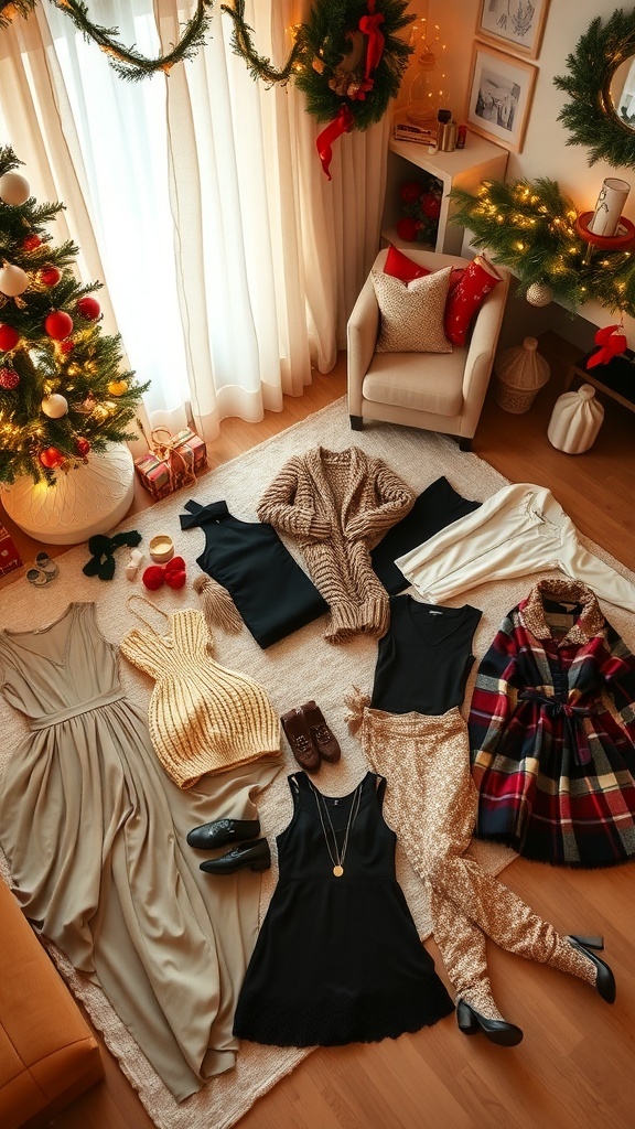 A collection of festive Christmas outfits and accessories displayed in a cozy living room setting.